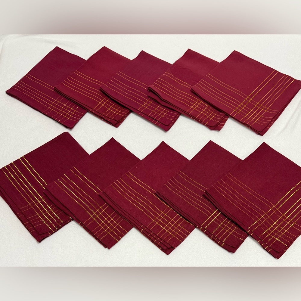 Burgundy Cloth Dinner Napkins Gold Metallic Plaid Border Holiday Set of 10